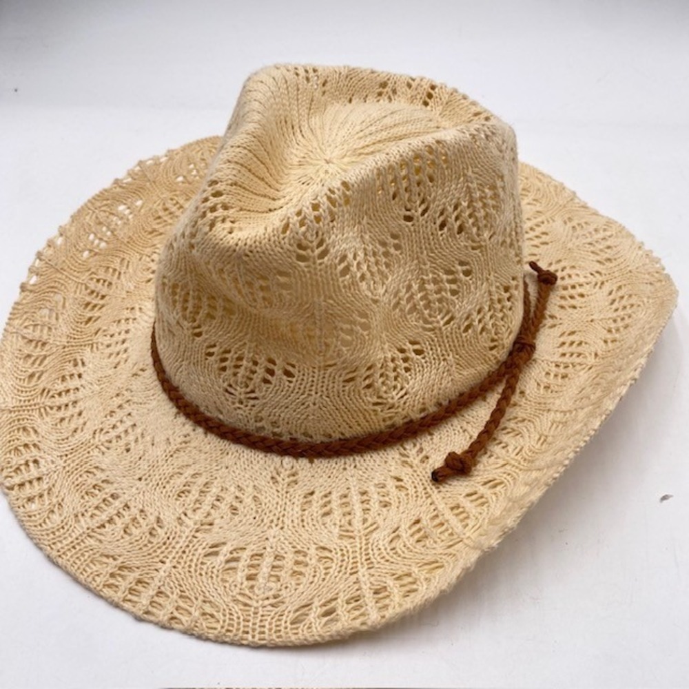 Western Open Knit Pointelle Cowboy Sun Hat OS tan Braided Trim Boho Summer Beach